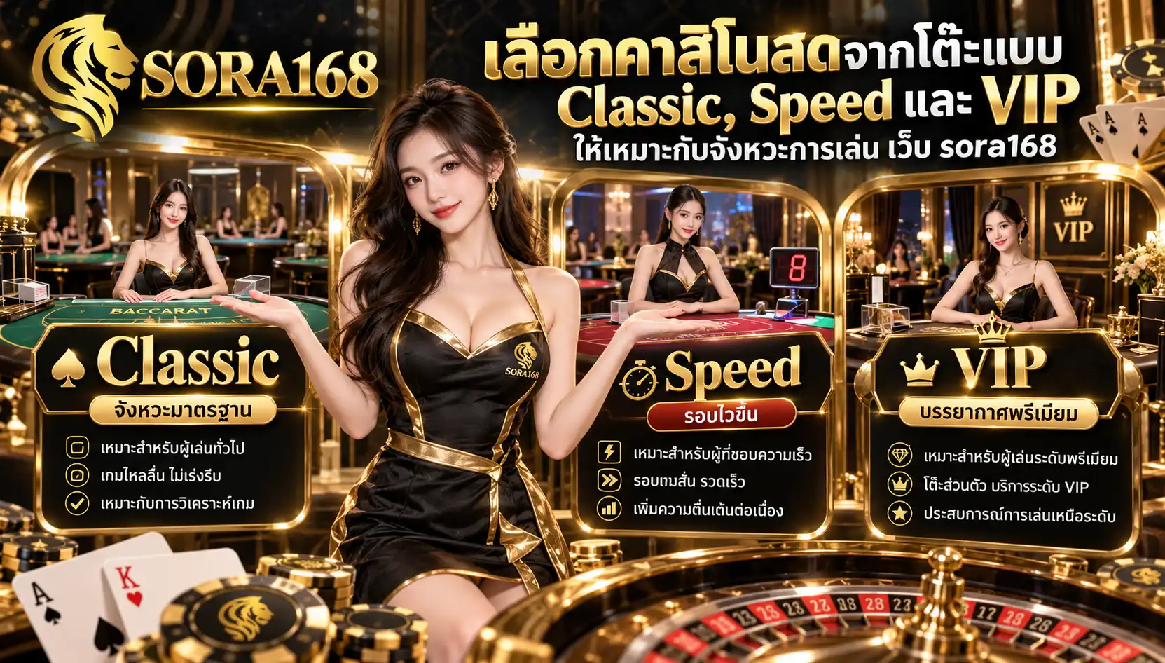 เลือกคาสิโนสดจากโต๊ะแบบ Classic, Speed และ VIP ให้เหมาะกับจังหวะการเล่น